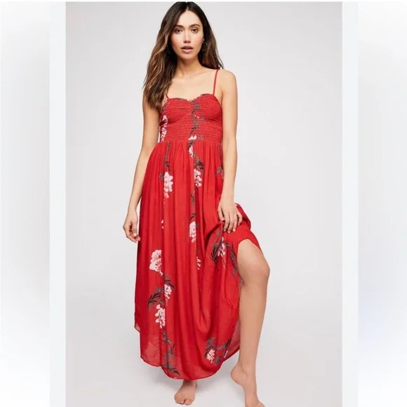 Free People Beau Red Floral Print Smocked Maxi Dress - Picture 2 of 8